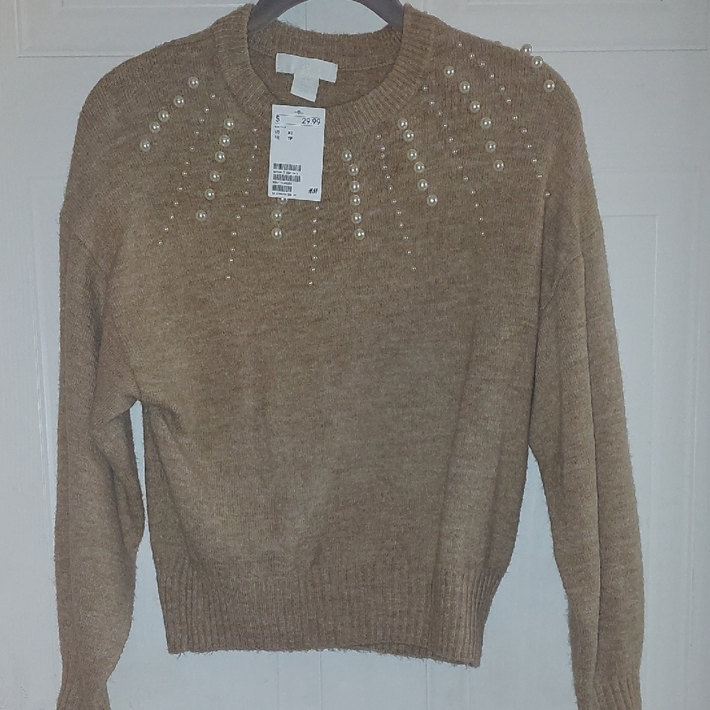 H&M Tan Sweater with Pearl Details